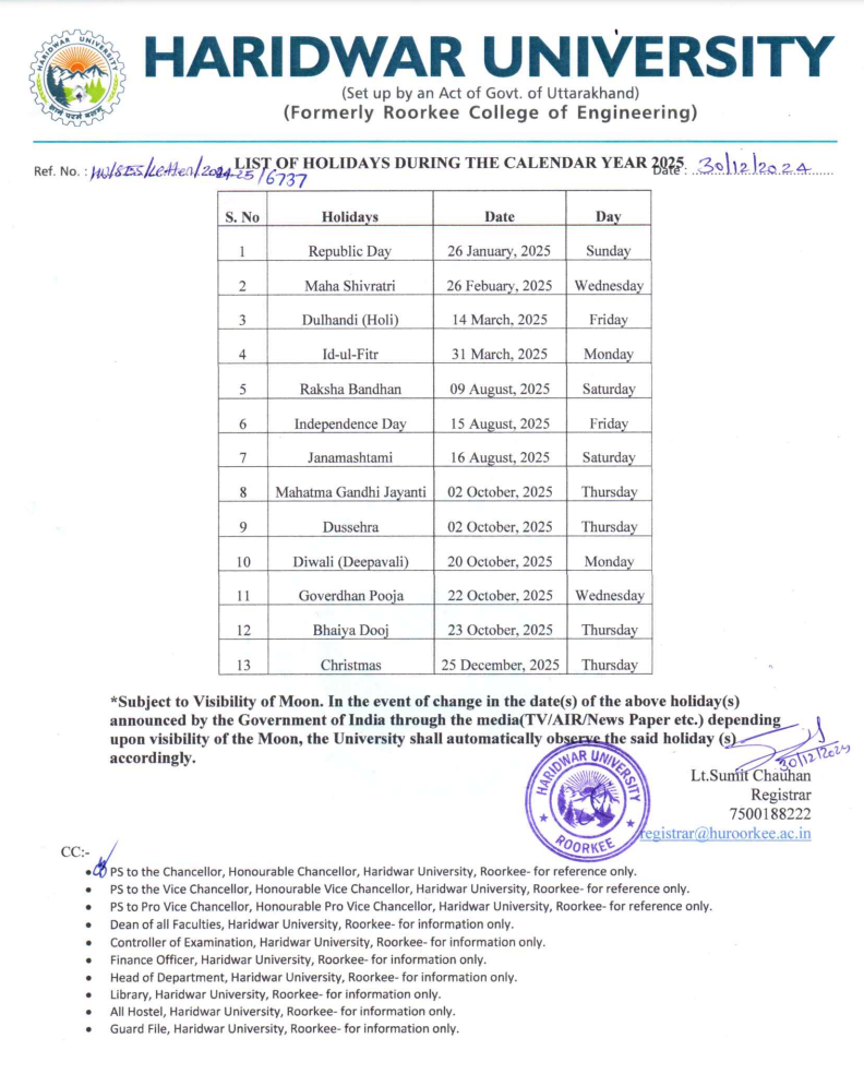 Haridwar University Holiday List